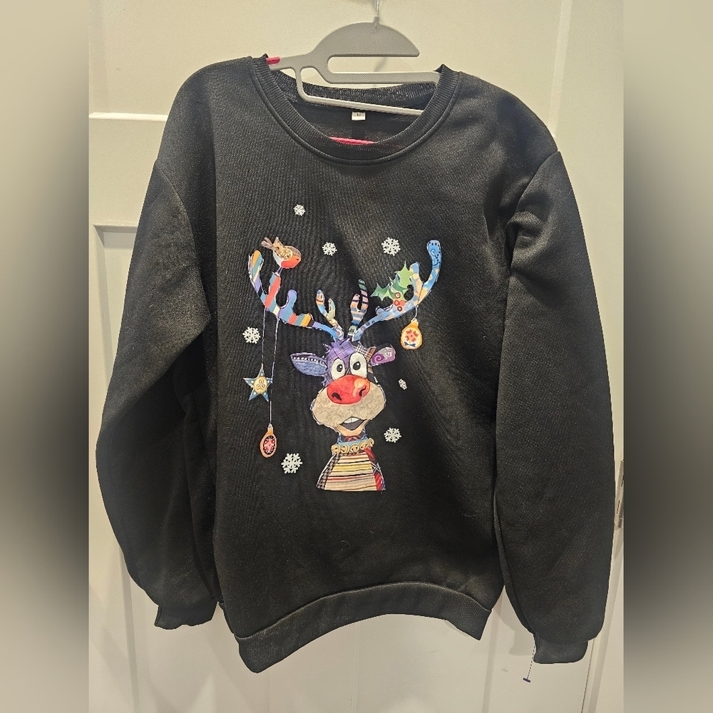 Reindeer Christmas Sweatshirt Black Size M – Festive Holiday Fleece Pullover